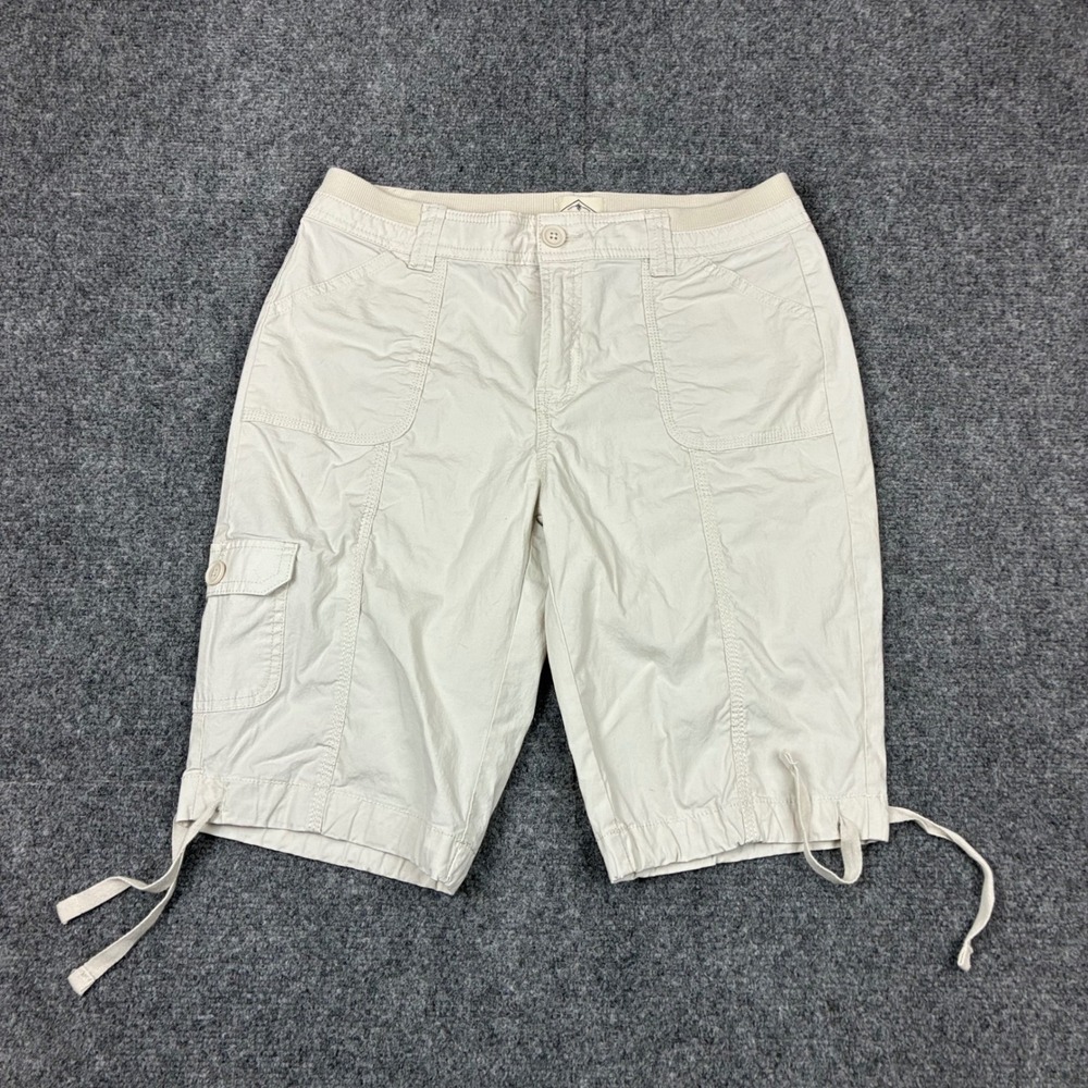 St Johns Bay Womens Cargo Capri Shorts Beige Khaki Stretch Drawstring Size 6 W30
